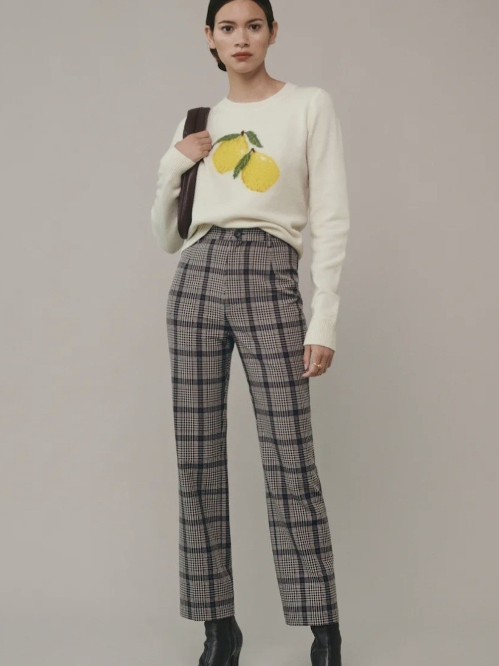 Reformation Franklin High Waisted Straight Leg Crop Ankle Pants Tan Plaid Sz 8